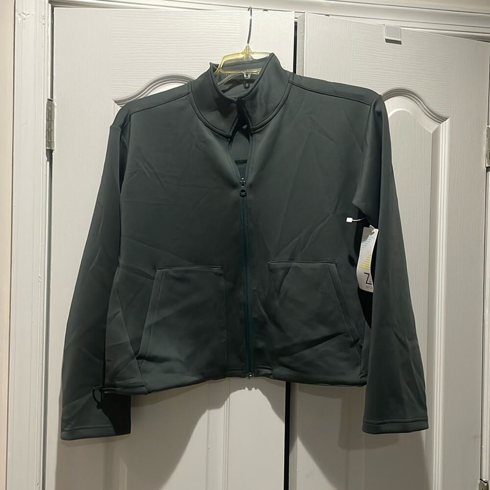 Zella M deep sage green cropped front zip sweatshirt adjustable waist nwt